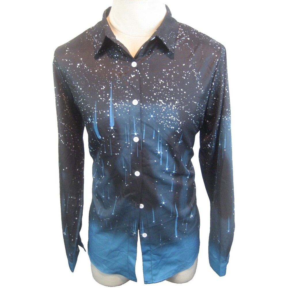Mens Classic Blue LS Disco Psychedelic Poly/Spandex Party Shirt sz 2XL